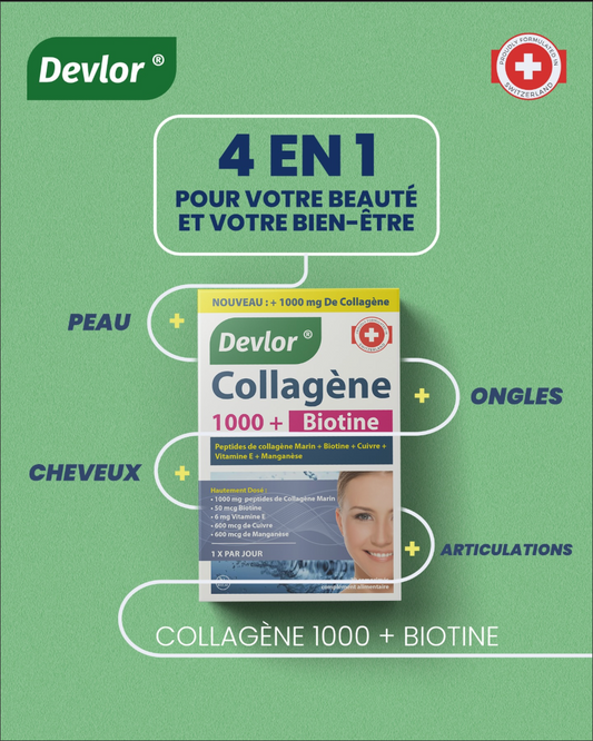 Devolor Collagène 1000 + Biotine - Peptides de Collagène Marin, Vitamine E, Cuivre & Manganèse - Beauté Peau, Cheveux, Ongles & Articulations (30 Comprimés)