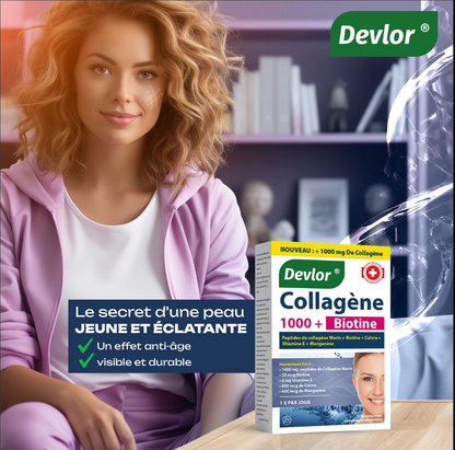 Devolor Collagène 1000 + Biotine - Peptides de Collagène Marin, Vitamine E, Cuivre & Manganèse - Beauté Peau, Cheveux, Ongles & Articulations (30 Comprimés)