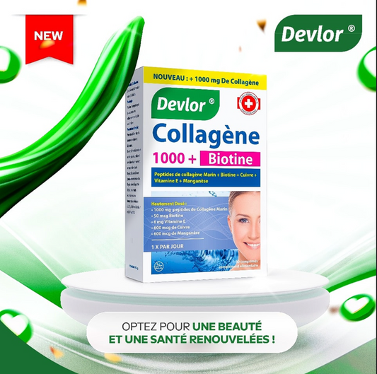 Devolor Collagène 1000 + Biotine - Peptides de Collagène Marin, Vitamine E, Cuivre & Manganèse - Beauté Peau, Cheveux, Ongles & Articulations (30 Comprimés)
